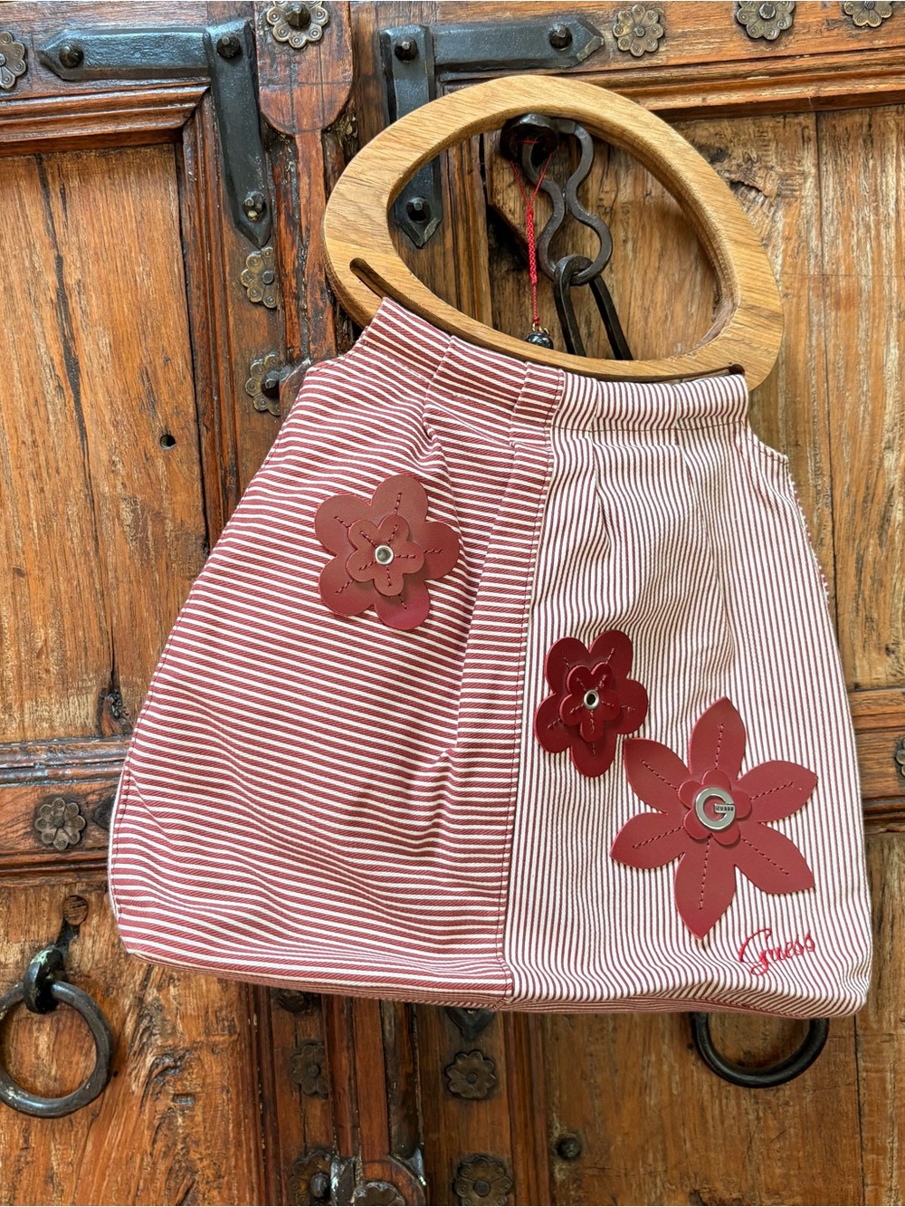 Vintage Y2K GUESS Striped Canvas Tote with Wooden Handles & Red Leather Flowers